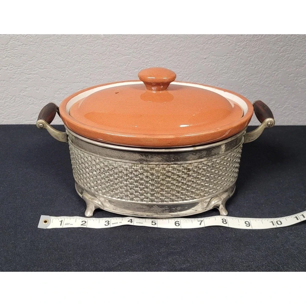 Guernsey Cooking Ware Stoneware Bean Pot Casserole Dish w/ Metal Carrier 1940s